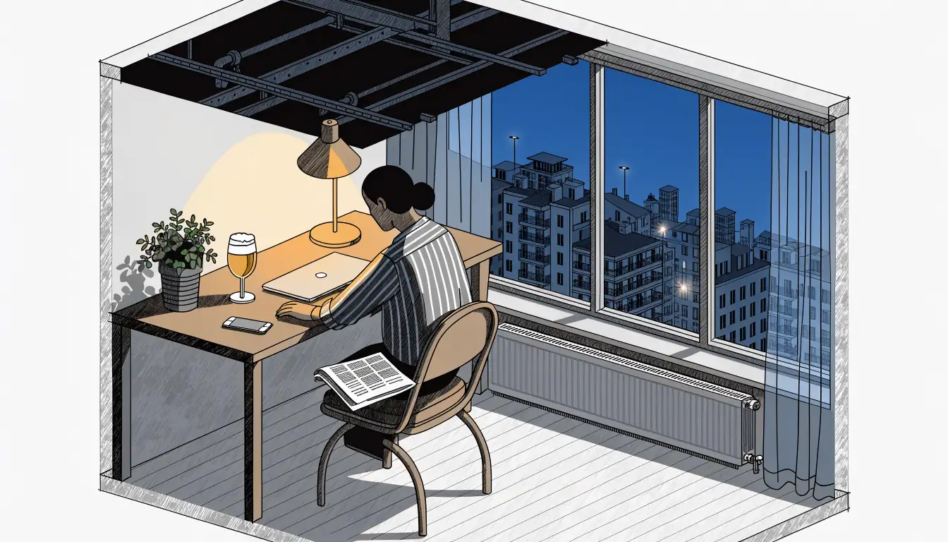 Abendliche Szene in einer Berliner Wohnung mit Laptop und Bierglas auf dem Schreibtisch.